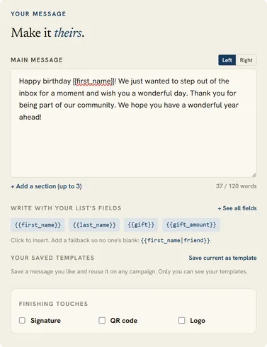 Compose — write your message with merge fields