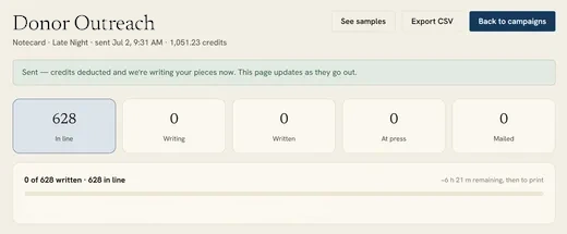 Campaign progress — 628 pieces tracked from in line to mailed